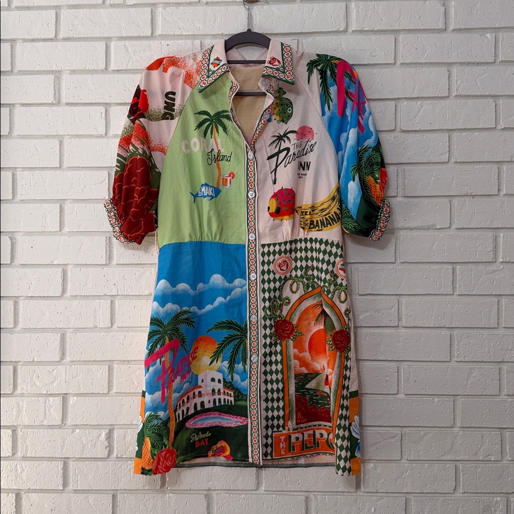 Womens Resort Print Bubble Sleeve Button Down Shirt Dress with Belt. Size M.